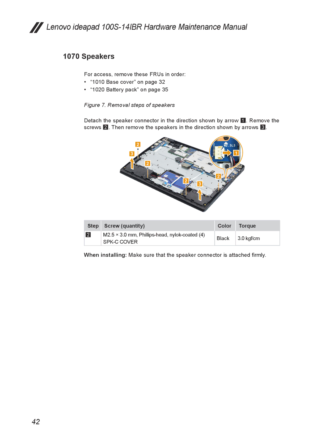 Lenovo IdeaPad 100S manual Speakers, Removal steps of speakers 