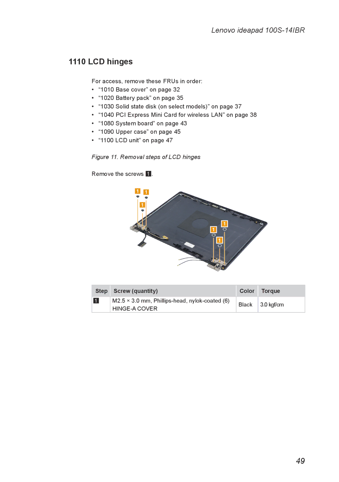 Lenovo IdeaPad 100S manual Removal steps of LCD hinges 