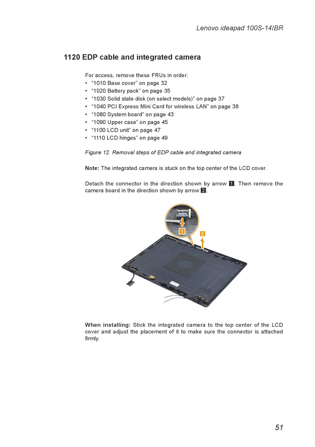 Lenovo IdeaPad 100S manual Removal steps of EDP cable and integrated camera 