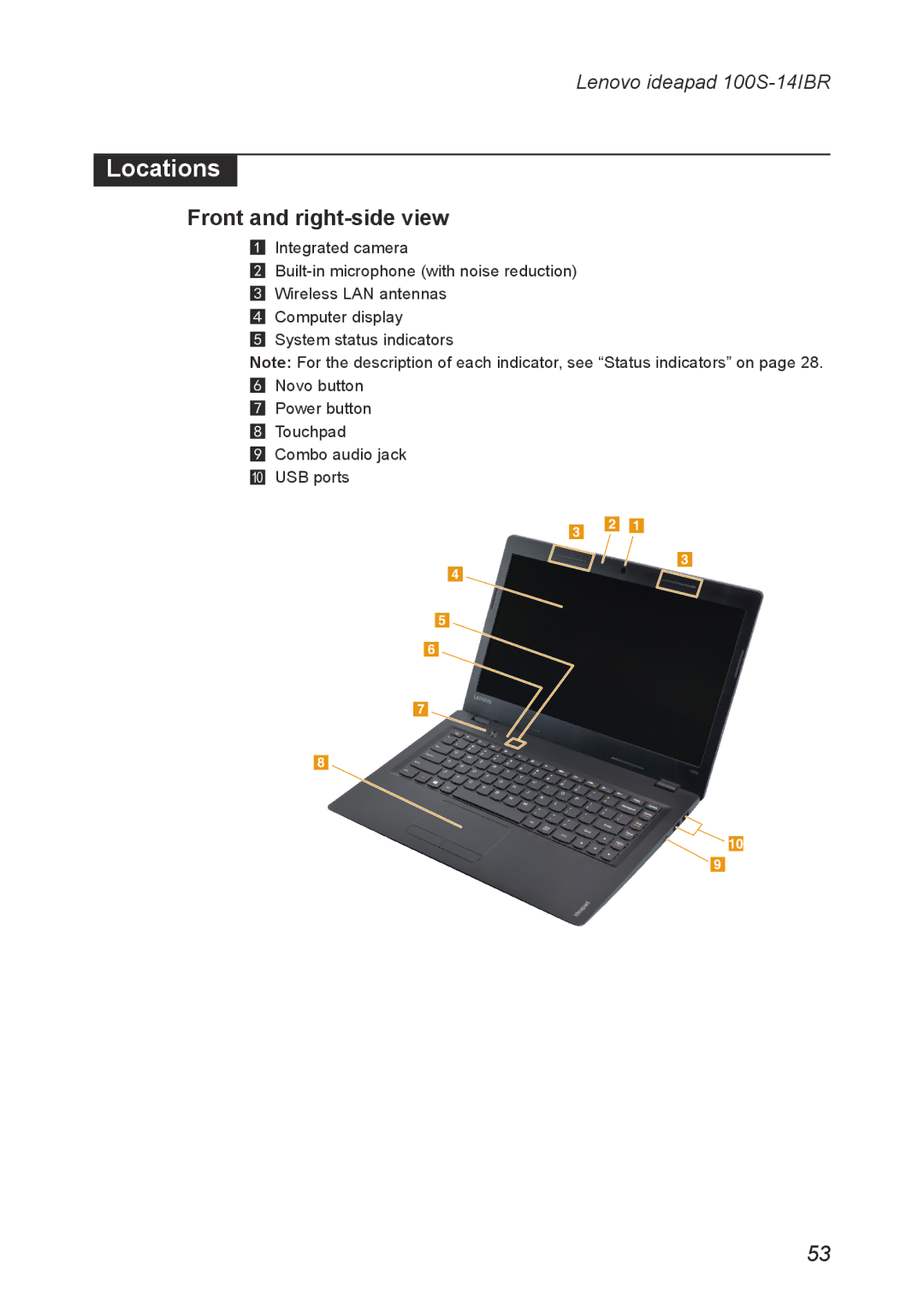 Lenovo IdeaPad 100S manual Locations, Front and right-side view 