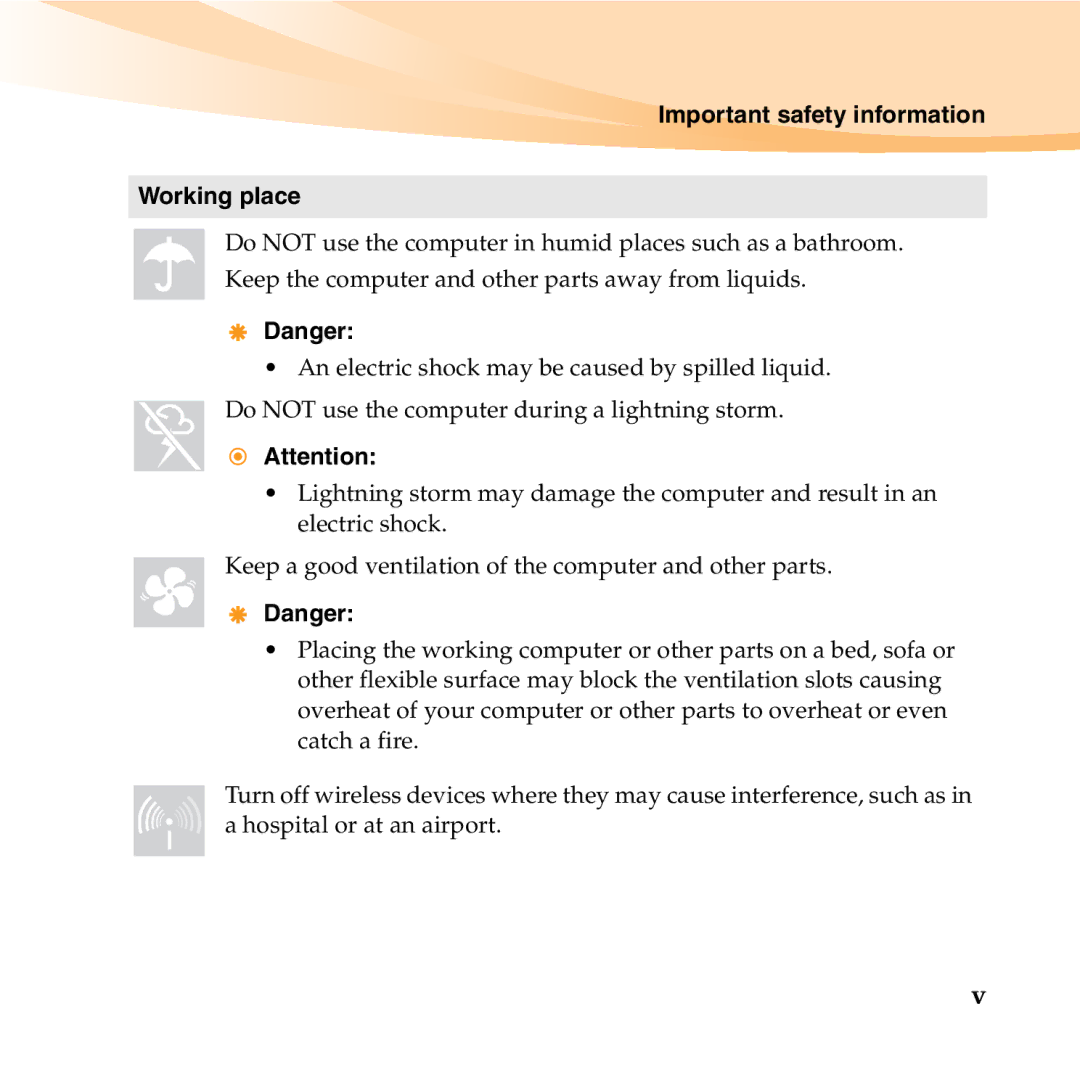 Lenovo K23 manual Important safety information Working place 