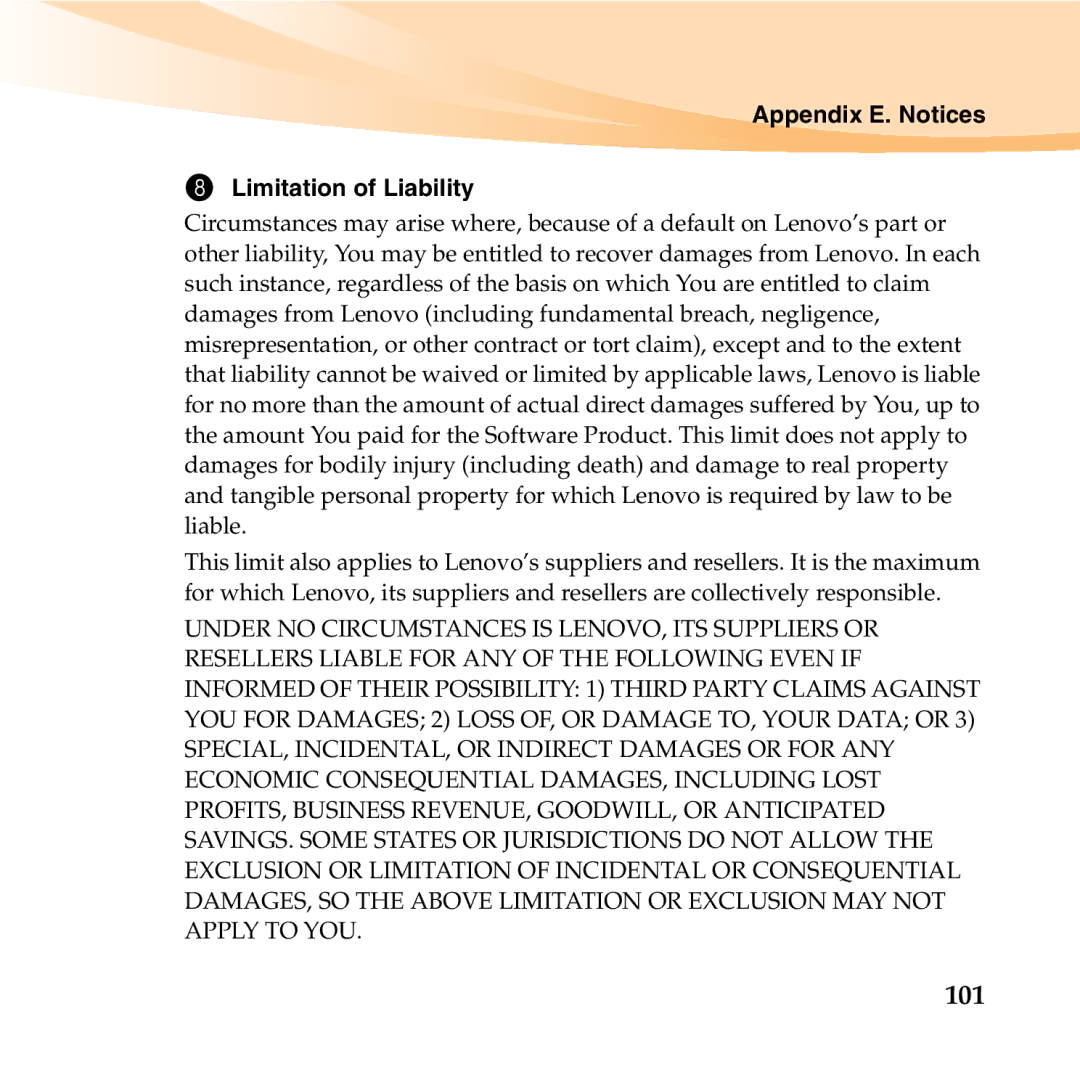 Lenovo K23 manual 101, Appendix E. Notices Limitation of Liability 