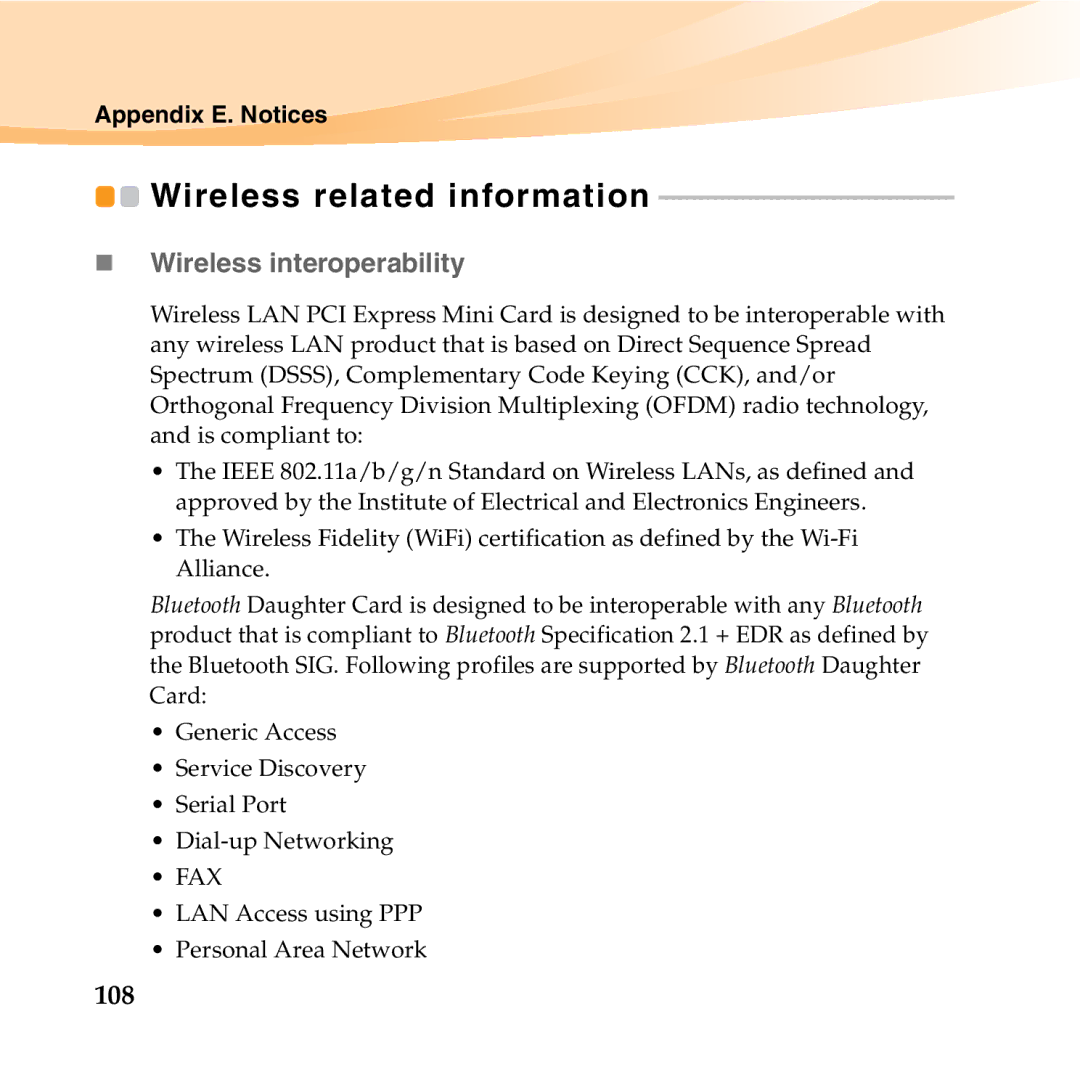 Lenovo K23 manual „ Wireless interoperability, 108 