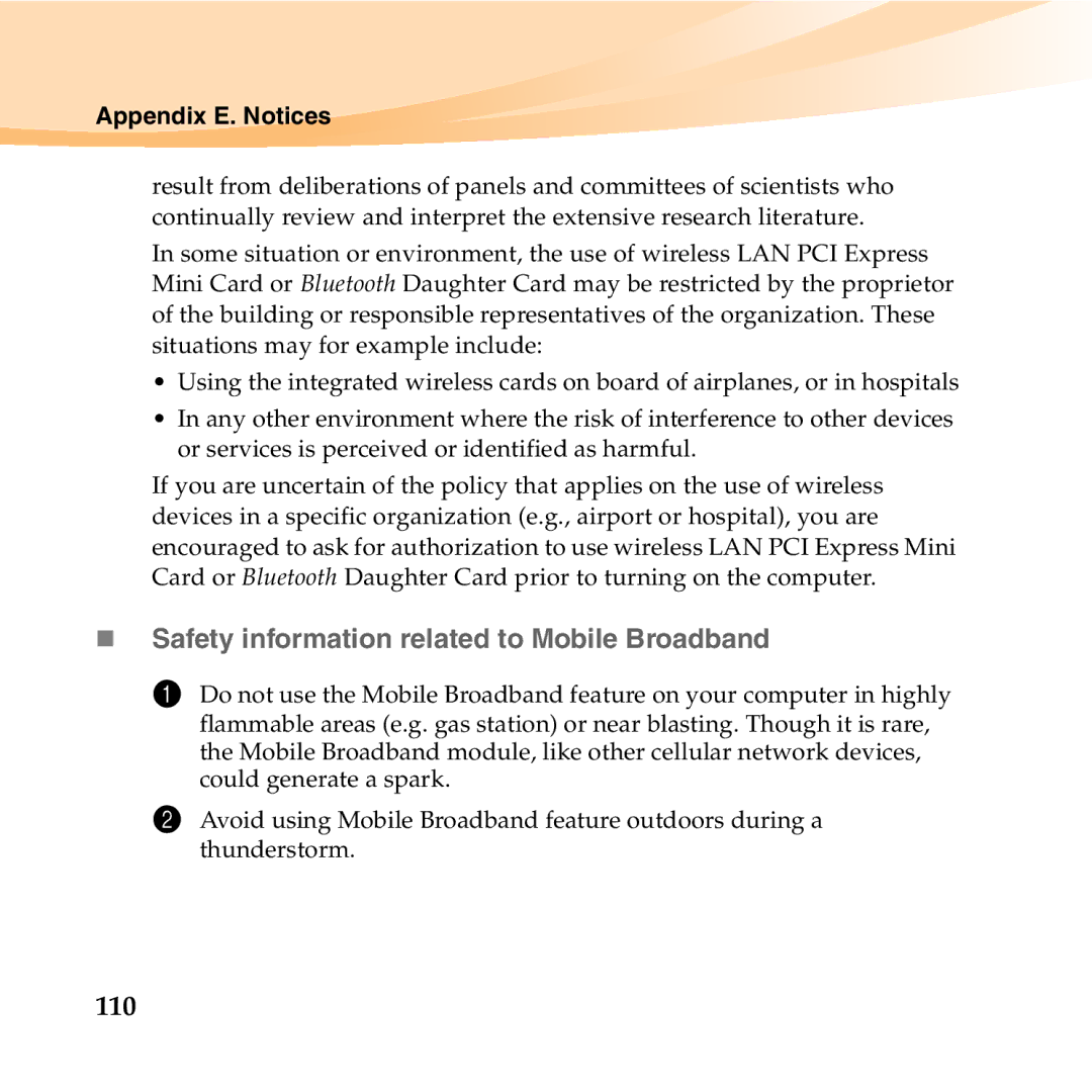 Lenovo K23 manual „ Safety information related to Mobile Broadband, 110 