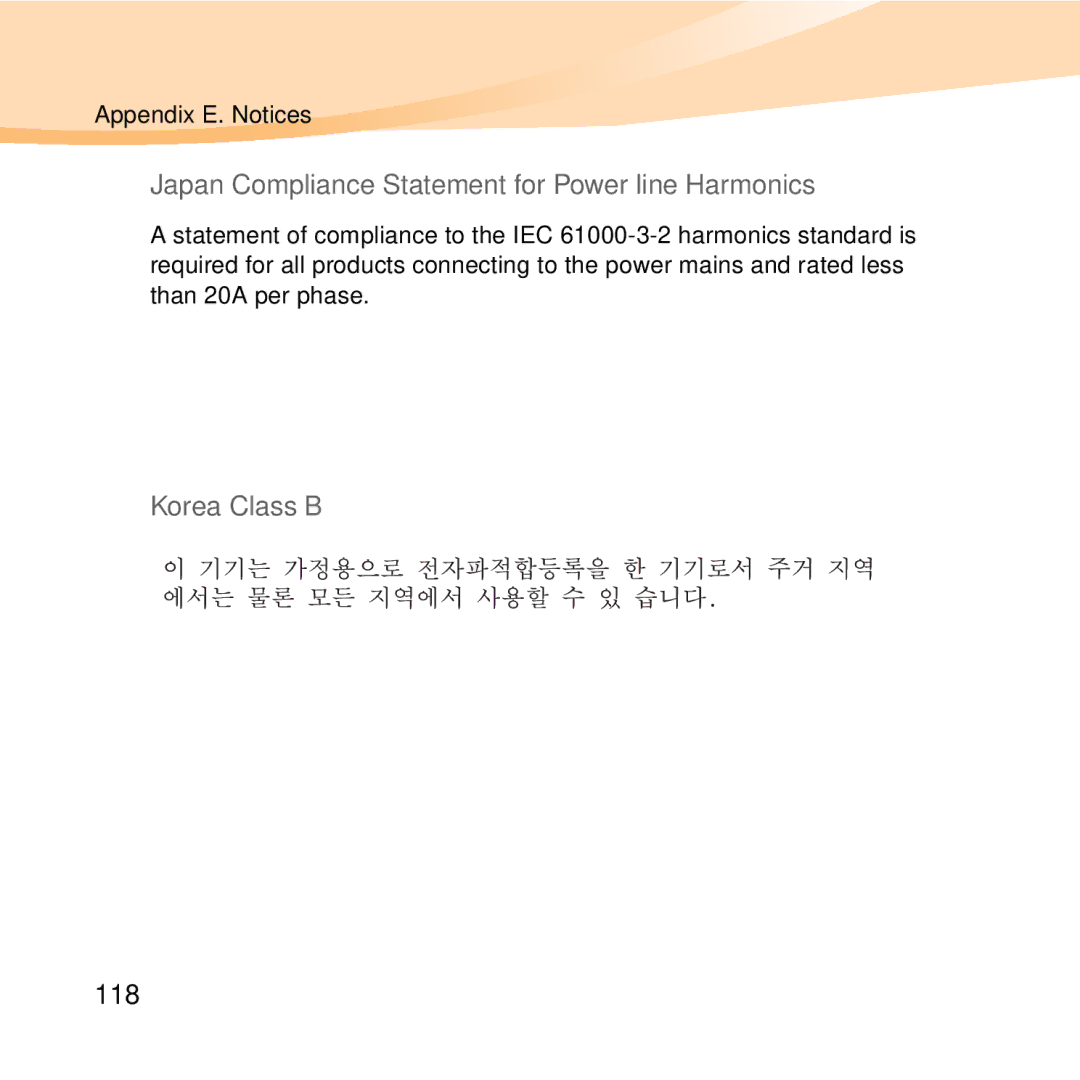 Lenovo K23 manual „ Japan Compliance Statement for Power line Harmonics, „ Korea Class B, 118 