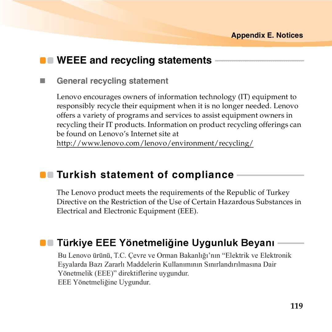 Lenovo K23 manual Weee and recycling statements, „ General recycling statement, 119 