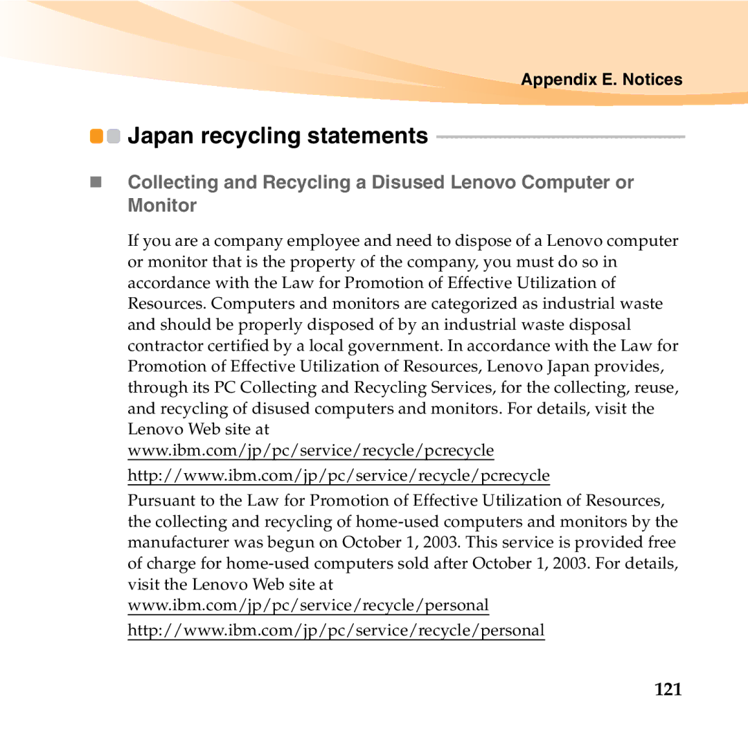 Lenovo K23 manual Japan recycling statements, 121 