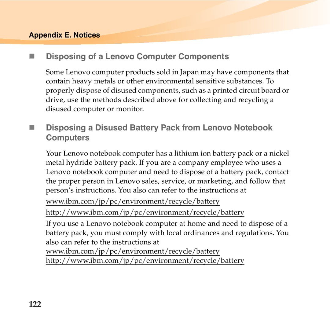 Lenovo K23 manual „ Disposing of a Lenovo Computer Components, 122 