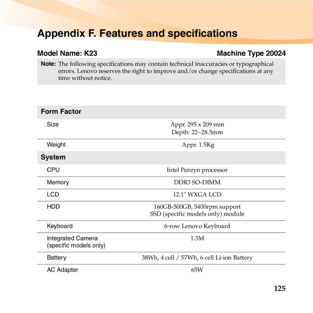 Lenovo manual Appendix F. Features and specifications, 125, Model Name K23, Form Factor, System 