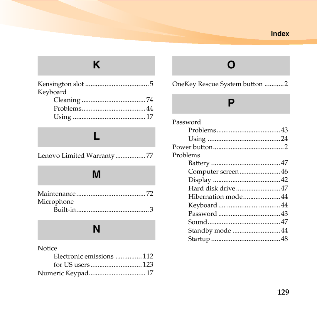 Lenovo K23 manual 129, Index 