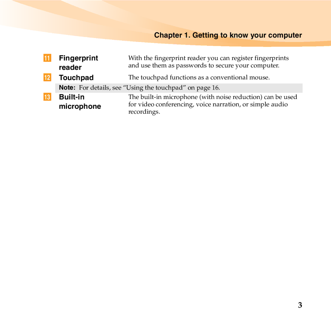 Lenovo K23 manual Touchpad, Built-in, Microphone 