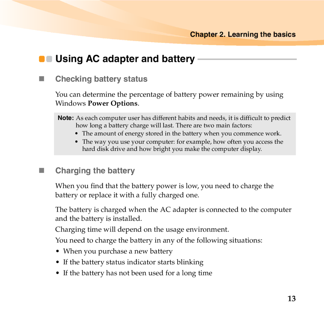 Lenovo K23 manual Using AC adapter and battery, „ Checking battery status, „ Charging the battery 