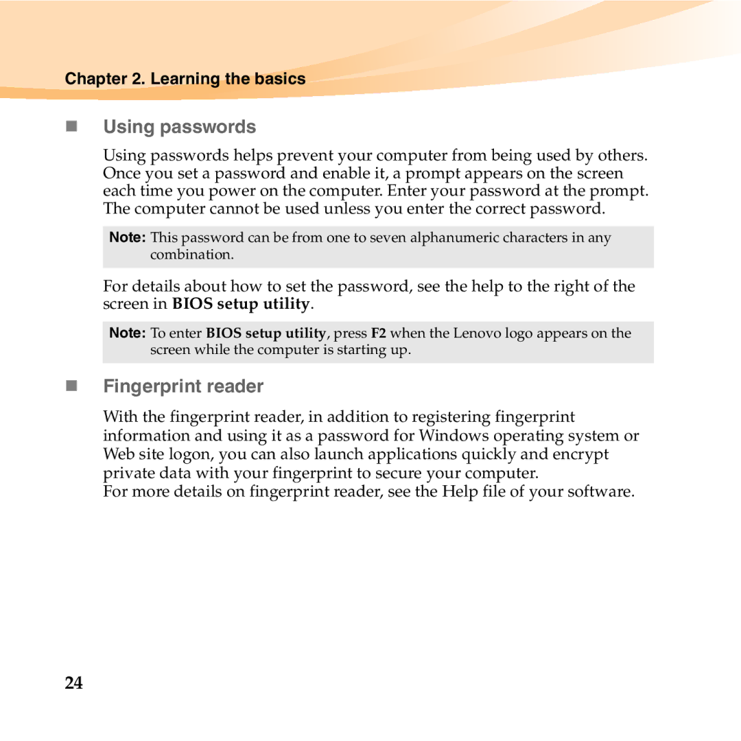 Lenovo K23 manual „ Using passwords, „ Fingerprint reader 