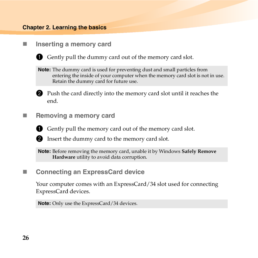 Lenovo K23 manual „ Inserting a memory card, „ Removing a memory card, „ Connecting an ExpressCard device 