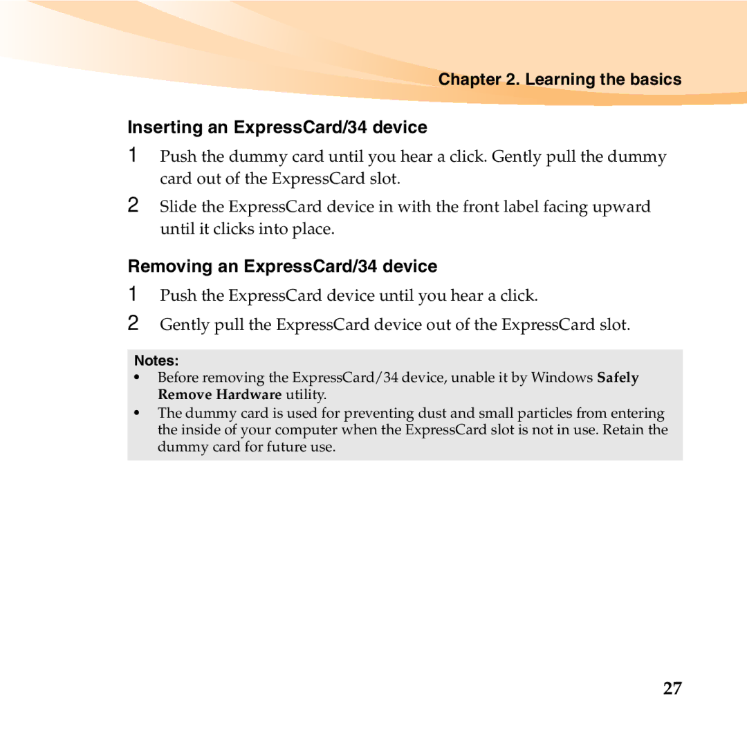 Lenovo K23 manual Learning the basics Inserting an ExpressCard/34 device, Removing an ExpressCard/34 device 