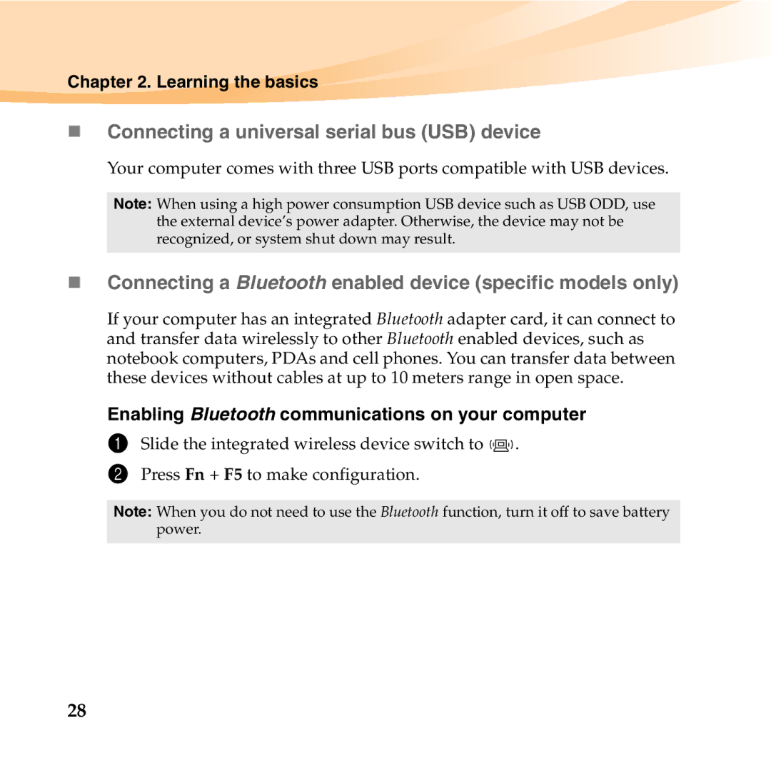 Lenovo K23 manual „ Connecting a universal serial bus USB device, Enabling Bluetooth communications on your computer 