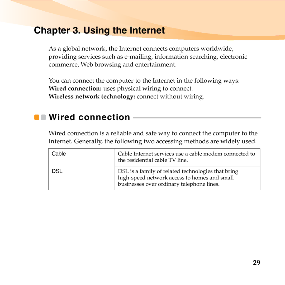 Lenovo K23 manual Using the Internet, Wired connection 