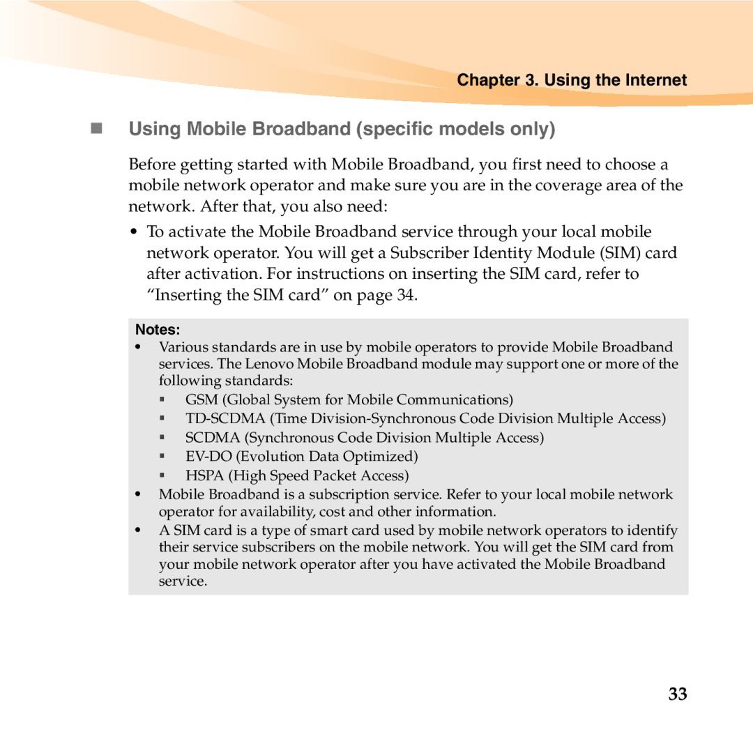 Lenovo K23 manual „ Using Mobile Broadband specific models only 