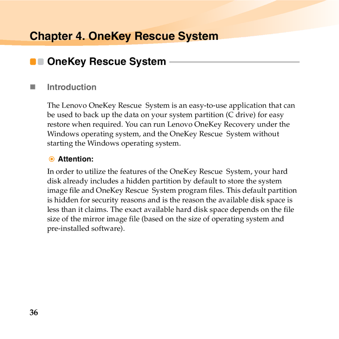 Lenovo K23 manual OneKey Rescue System, „ Introduction 