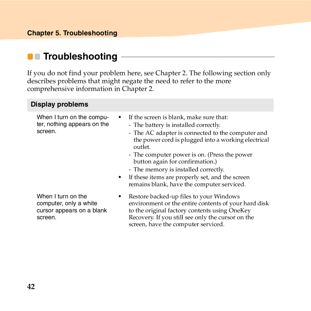 Lenovo K23 manual Troubleshooting, Display problems 