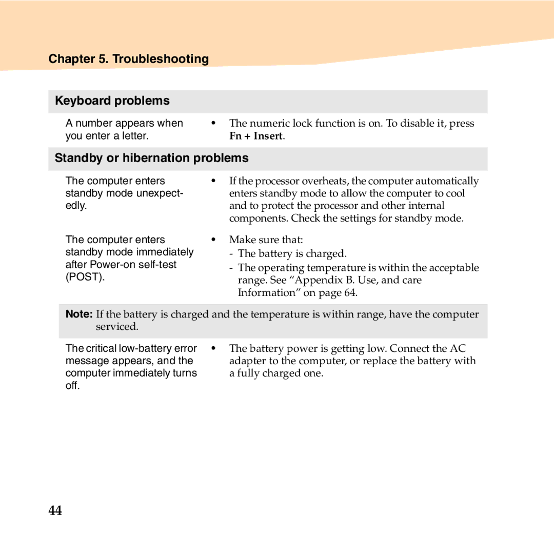 Lenovo K23 manual Troubleshooting Keyboard problems, Standby or hibernation problems 