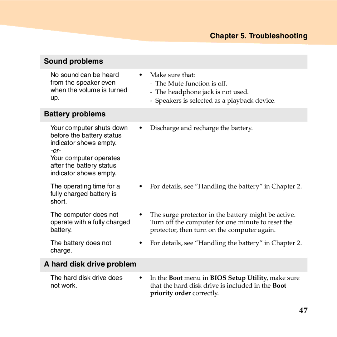 Lenovo K23 manual Troubleshooting Sound problems, Battery problems, Hard disk drive problem 