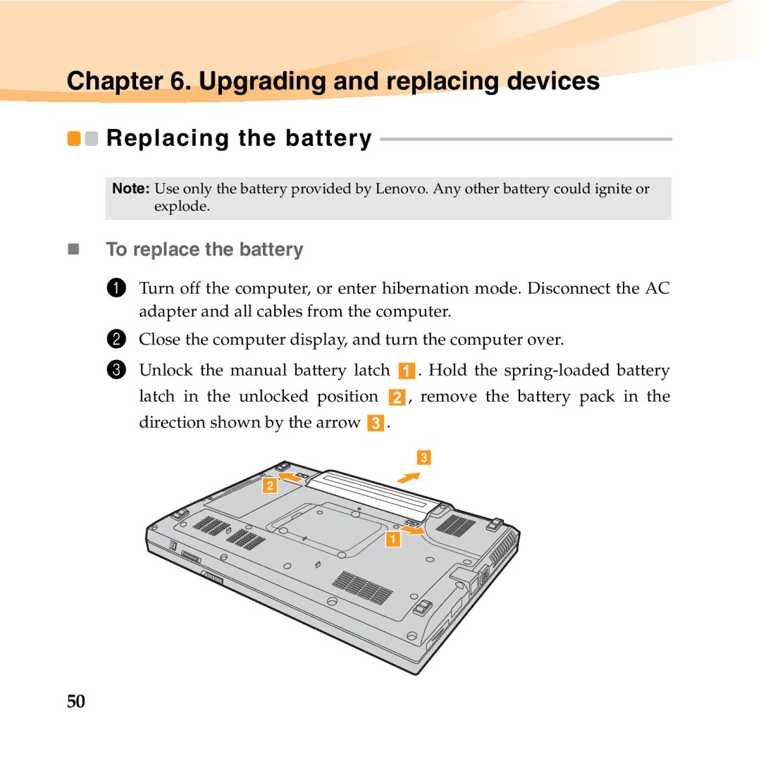 Lenovo K23 manual Upgrading and replacing devices, Replacing the battery, „ To replace the battery 