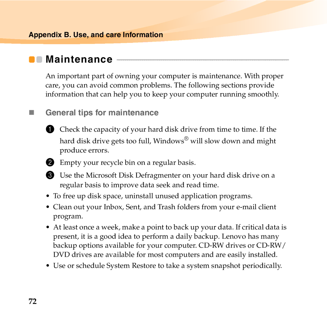 Lenovo K23 manual Maintenance, „ General tips for maintenance 