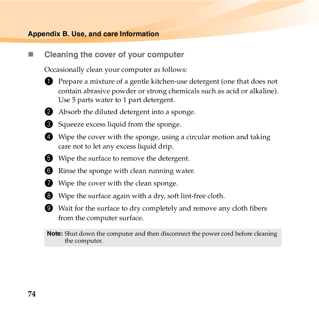 Lenovo K23 manual „ Cleaning the cover of your computer 