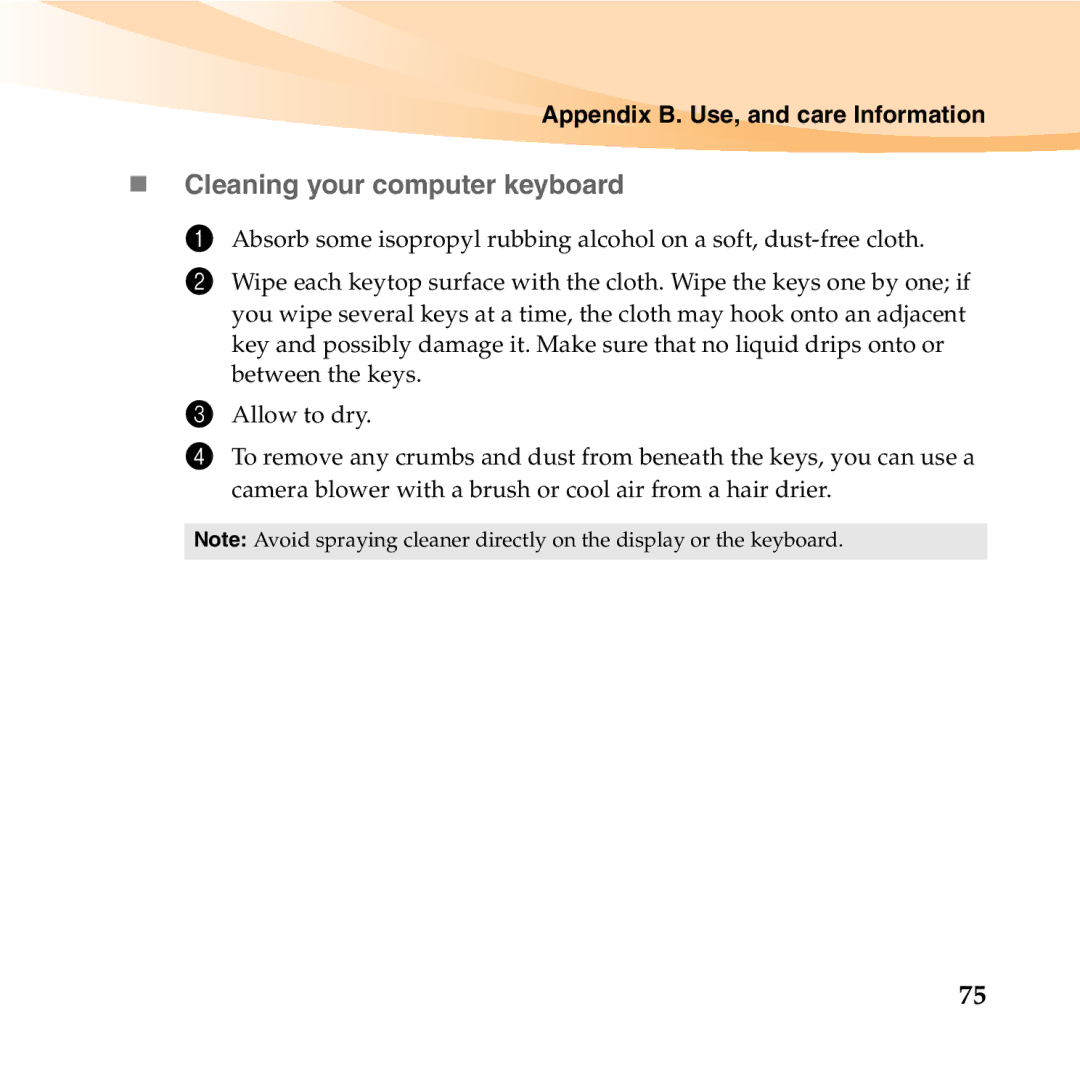 Lenovo K23 manual „ Cleaning your computer keyboard 