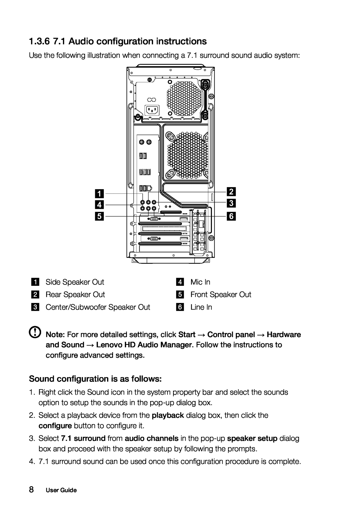 Lenovo K3 manual 1.3.6 7.1 Audio configuration instructions, Sound configuration is as follows 