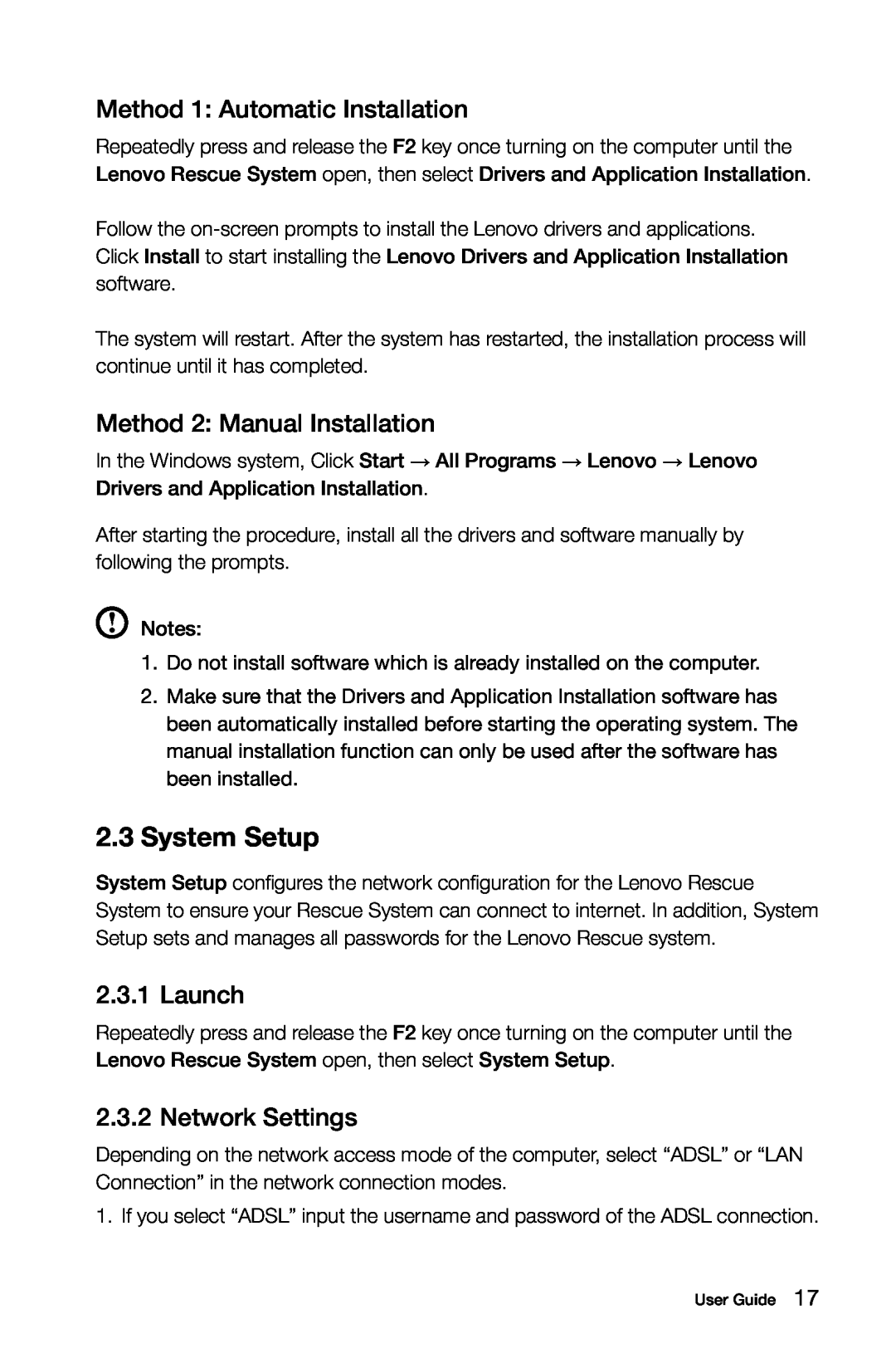 Lenovo K3 manual System Setup, Method 1 Automatic Installation, Method 2 Manual Installation, Launch, Network Settings 