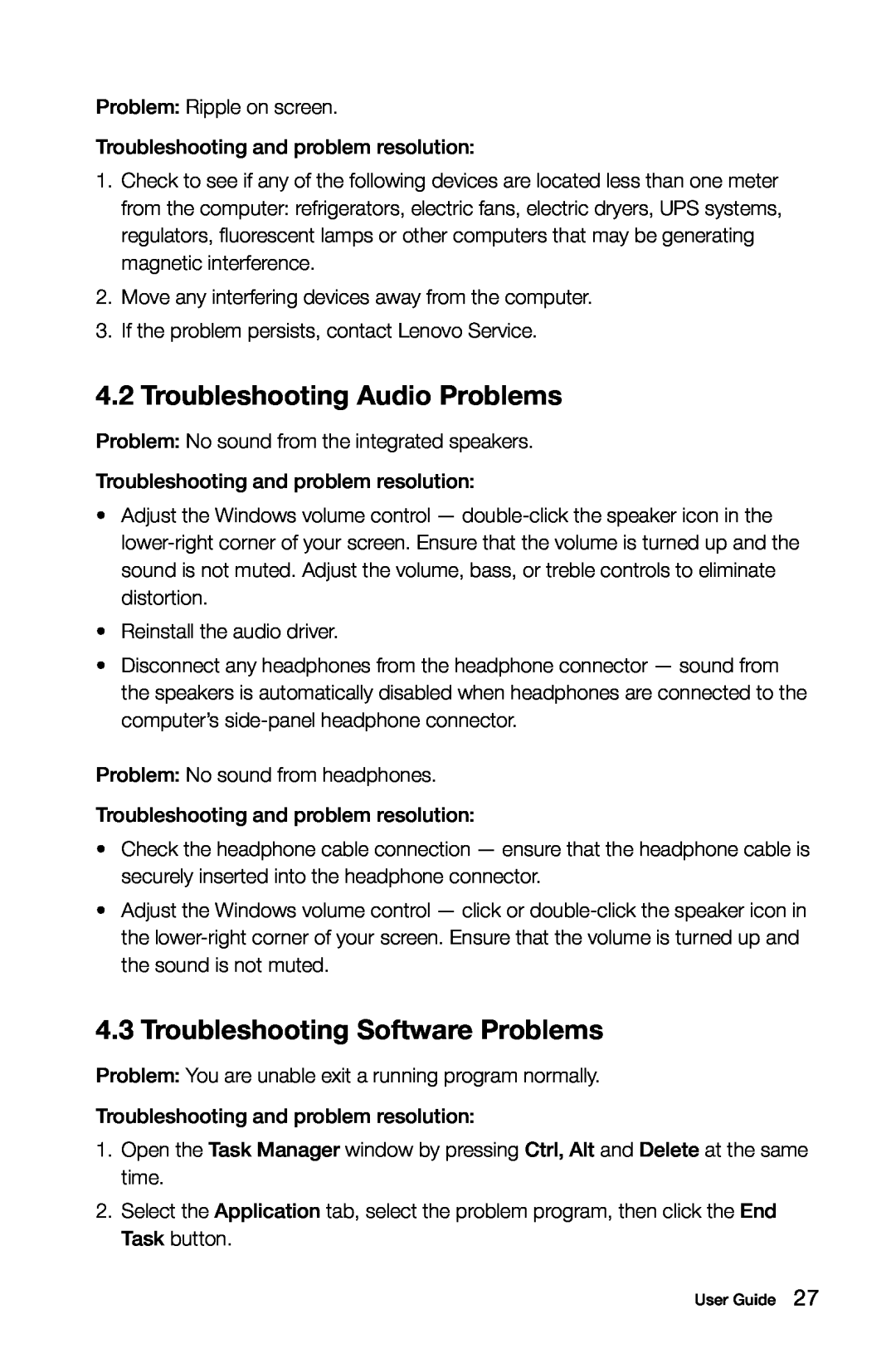 Lenovo K3 manual Troubleshooting Audio Problems, Troubleshooting Software Problems 