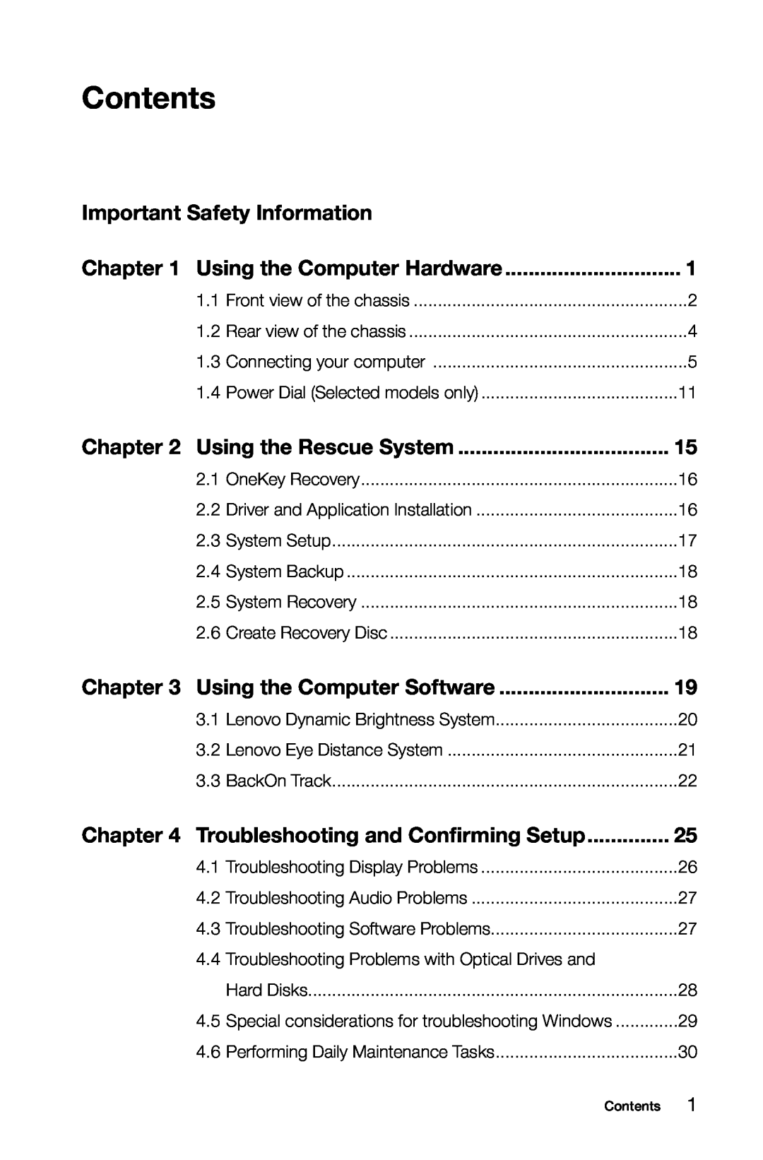 Lenovo K3 manual Contents, Important Safety Information, Using the Rescue System, Using the Computer Software 