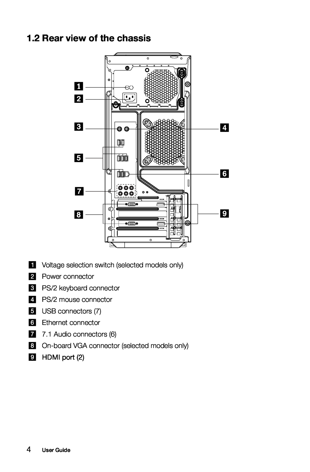 Lenovo K3 manual Rear view of the chassis, Voltage selection switch selected models only Power connector, Audio connectors 