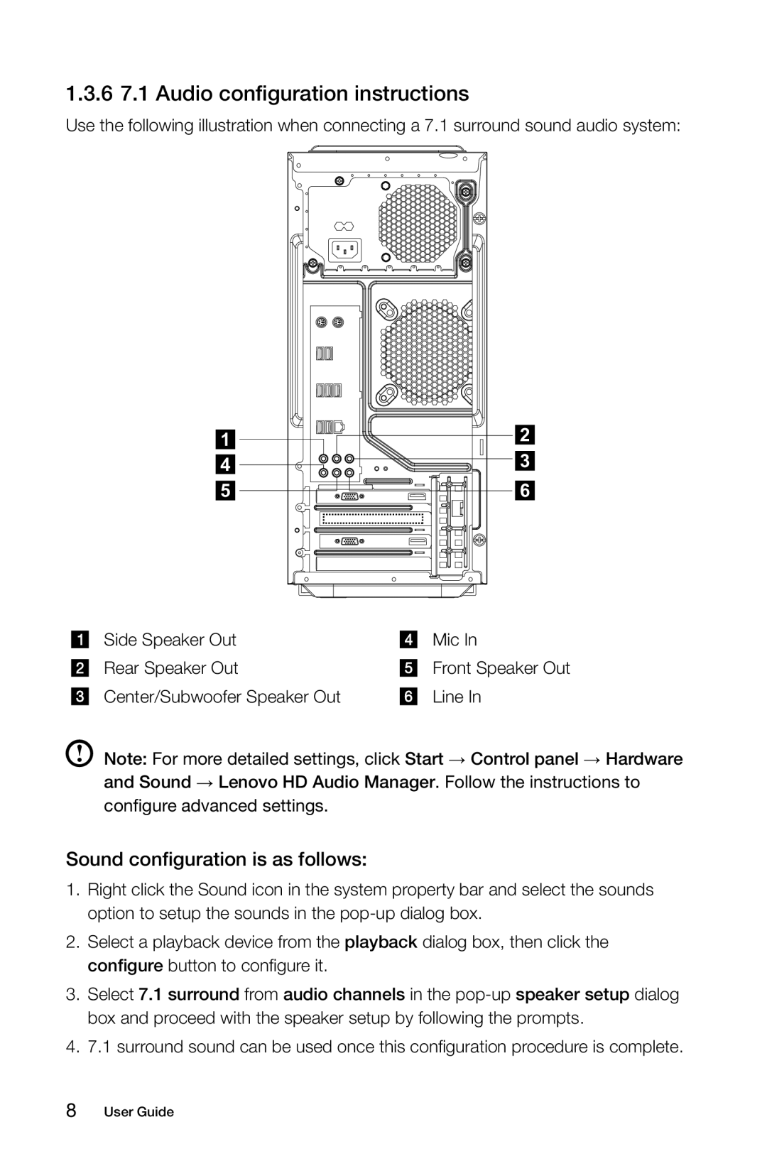 Lenovo K3 manual 6 7.1 Audio configuration instructions, Sound configuration is as follows 