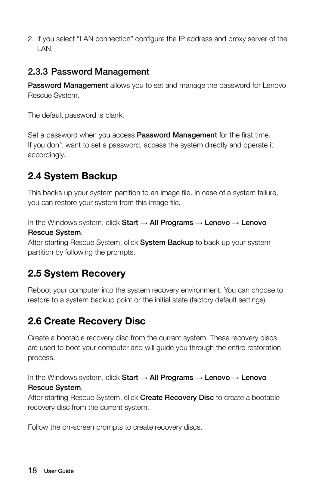 Lenovo K3 manual System Backup, System Recovery, Create Recovery Disc, Password Management 