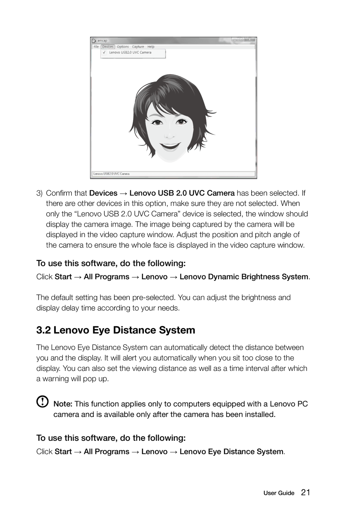 Lenovo K3 manual Lenovo Eye Distance System, To use this software, do the following 