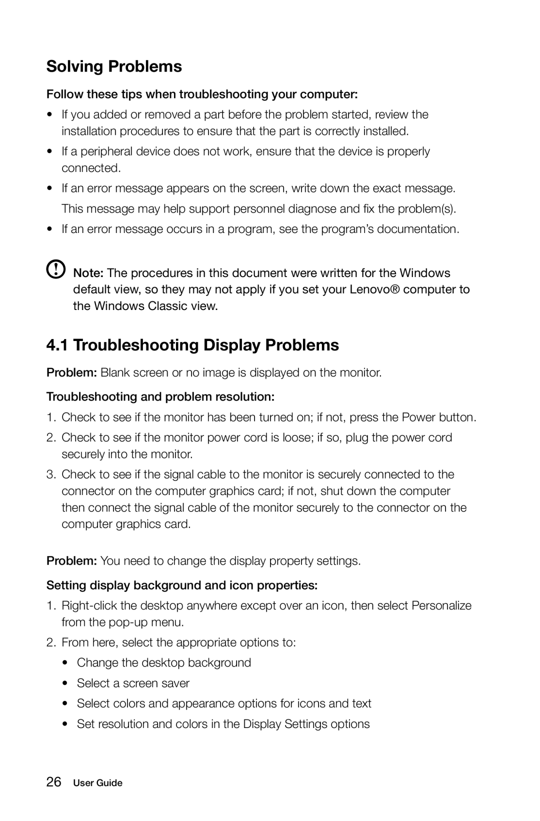 Lenovo K3 manual Solving Problems, Troubleshooting Display Problems 