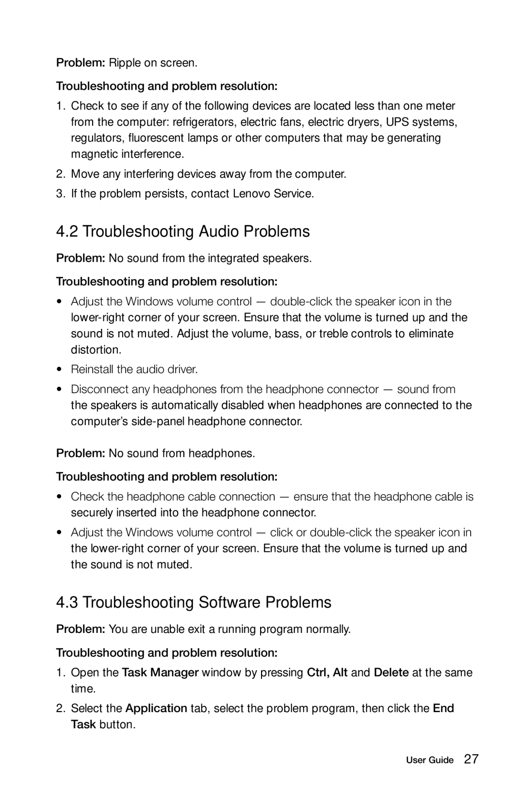 Lenovo K3 manual Troubleshooting Audio Problems, Troubleshooting Software Problems 