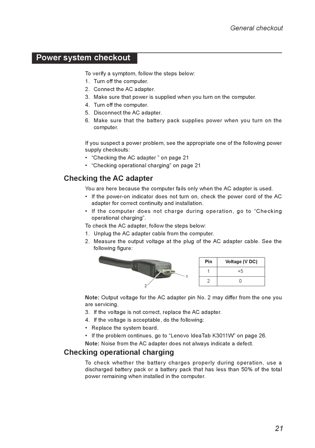 Lenovo K3011W manual Power system checkout, Checking the AC adapter, Checking operational charging 