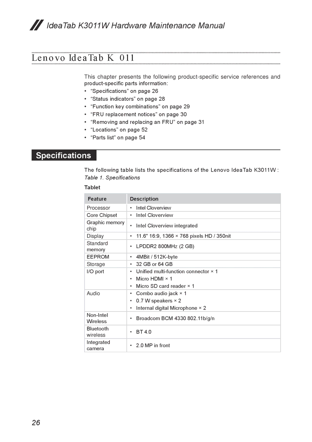 Lenovo manual Lenovo IdeaTab K3011W, Specifications 