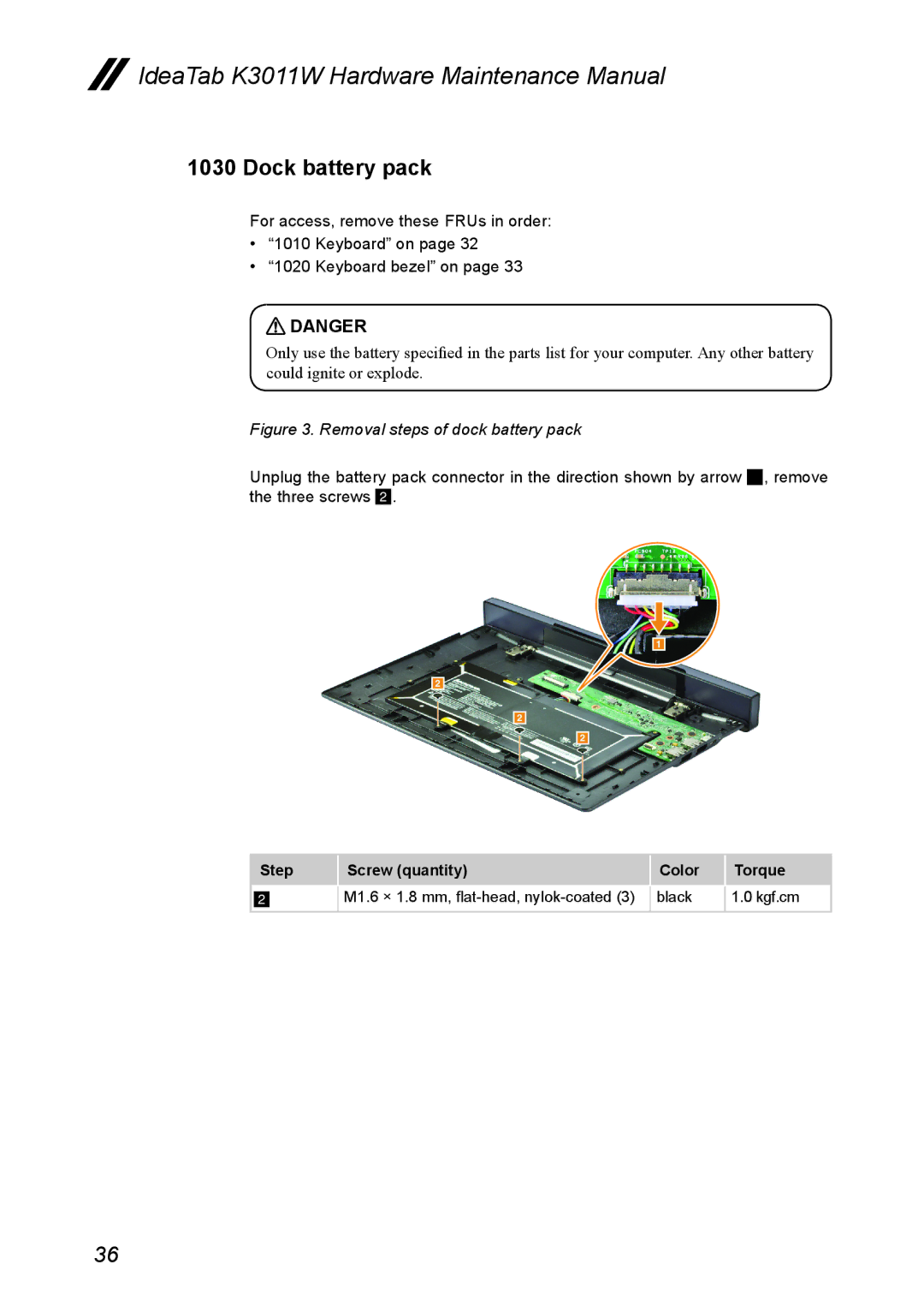 Lenovo K3011W manual Dock battery pack, Removal steps of dock battery pack 