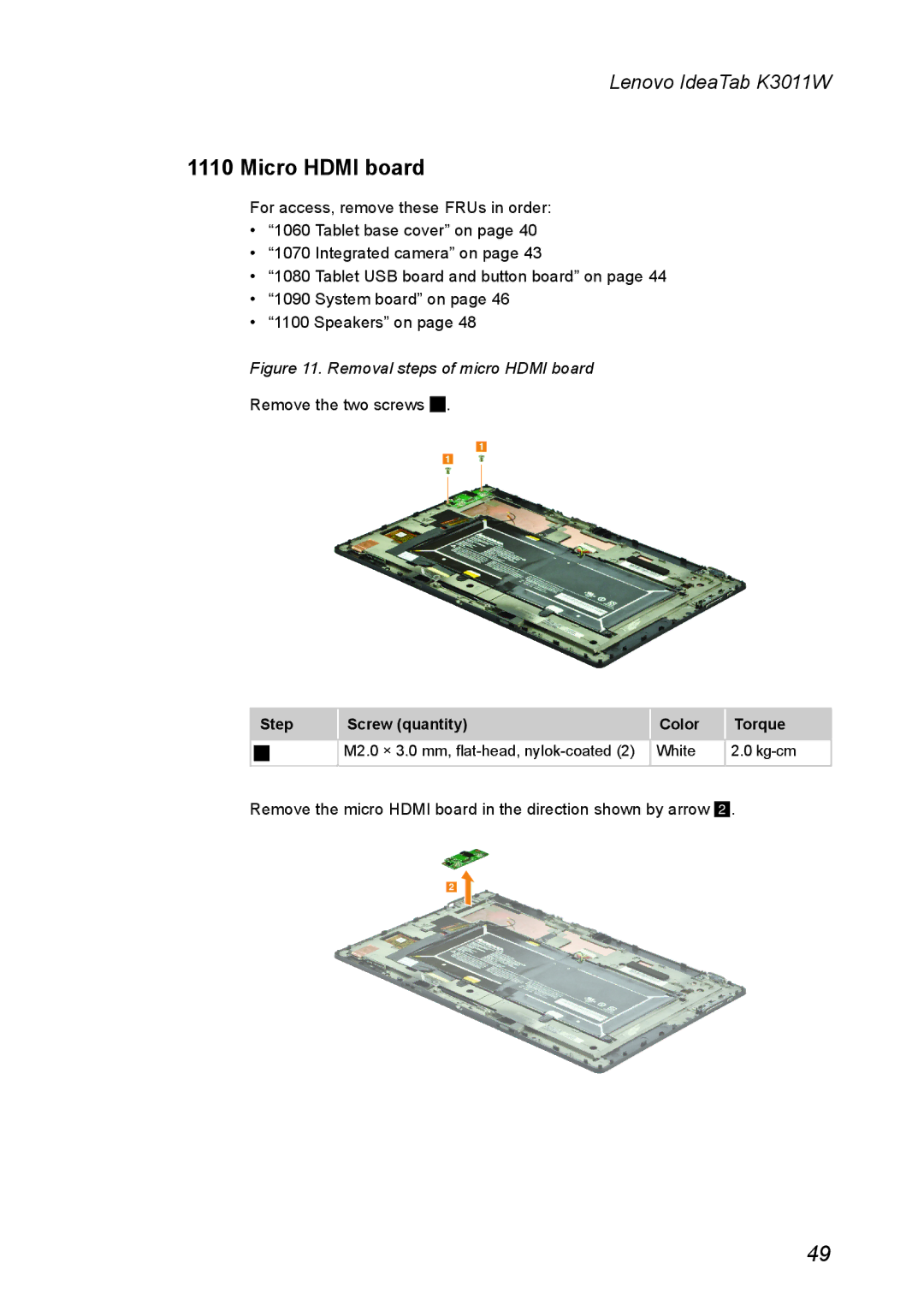 Lenovo K3011W manual Micro Hdmi board, Removal steps of micro Hdmi board 