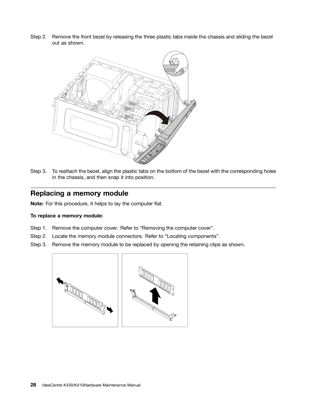 Lenovo K430, K410 manual Replacing a memory module, To replace a memory module 