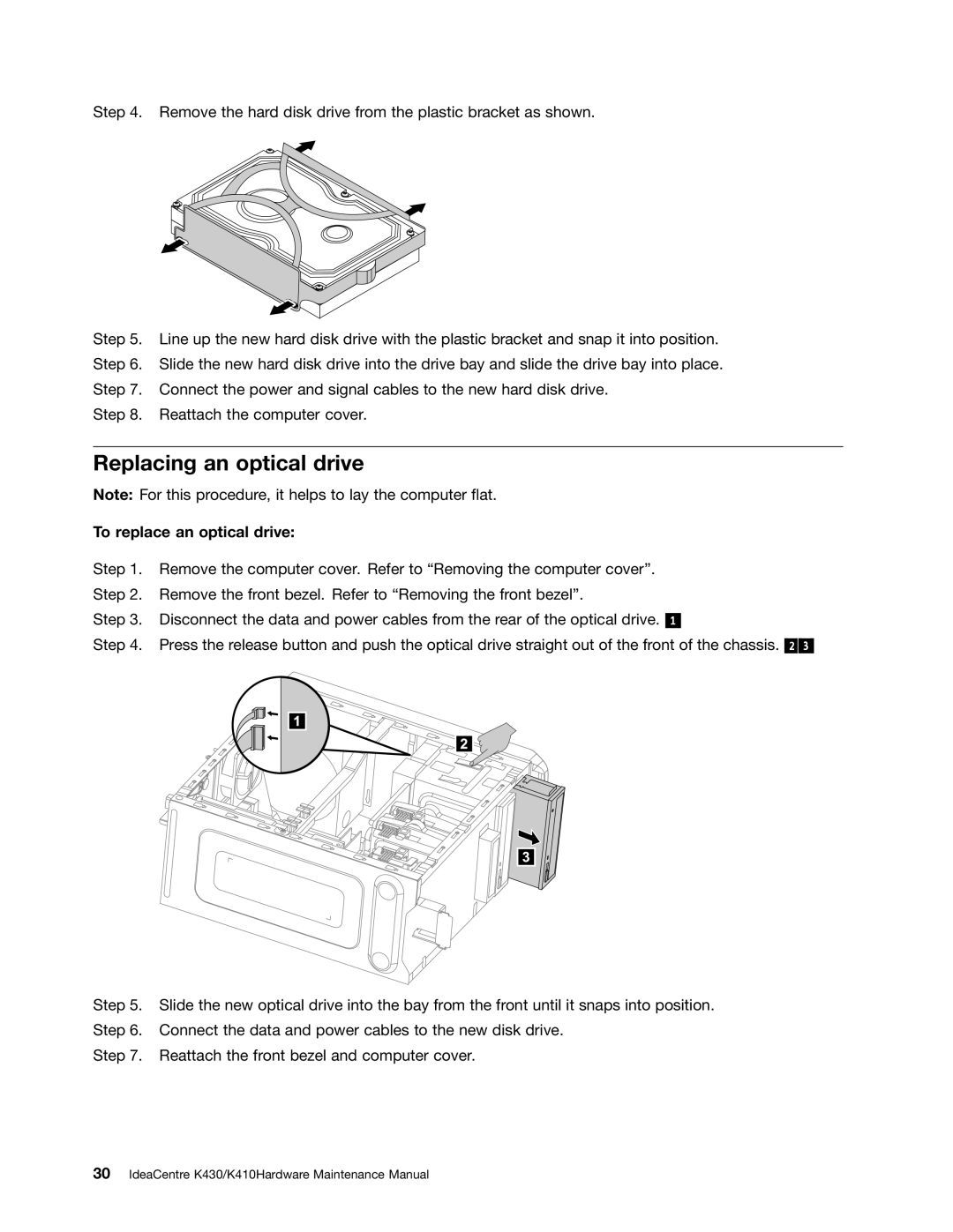 Lenovo K430, K410 manual Replacing an optical drive, To replace an optical drive 