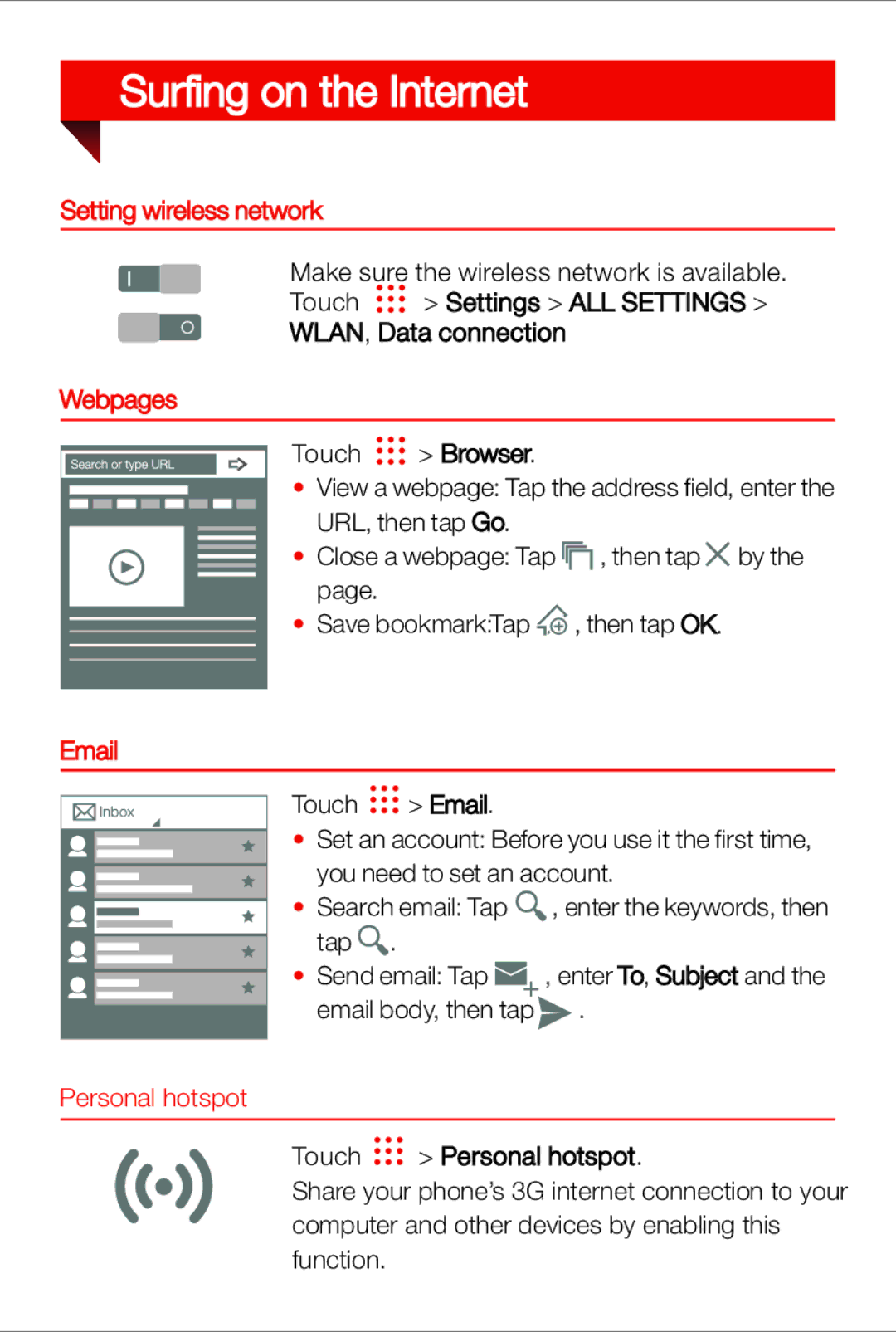 Lenovo K900 quick start Surﬁng on the Internet, Setting wireless network, Webpages, Personal hotspot 