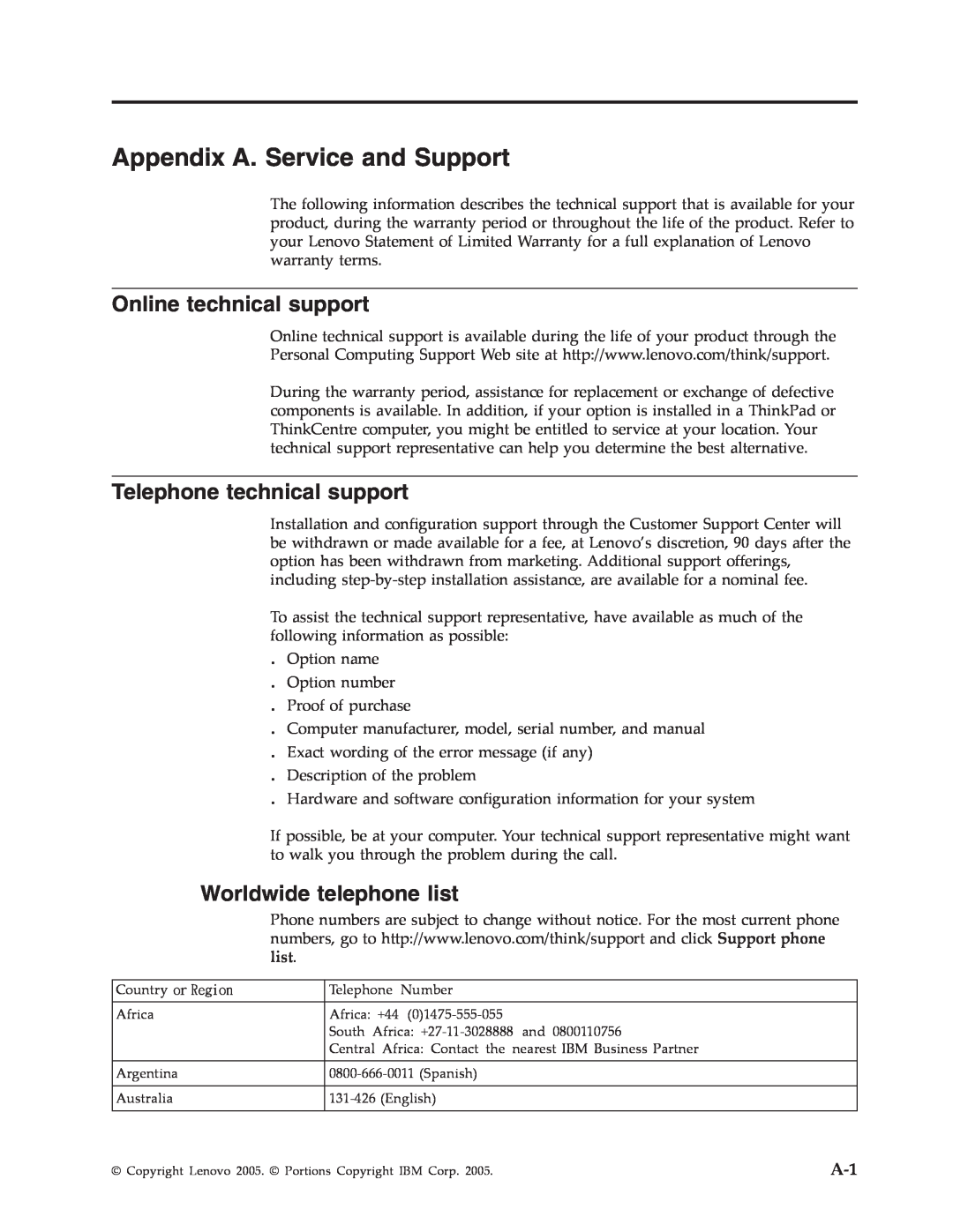 Lenovo L151 manual Appendix A. Service and Support, Online technical support, Telephone technical support 