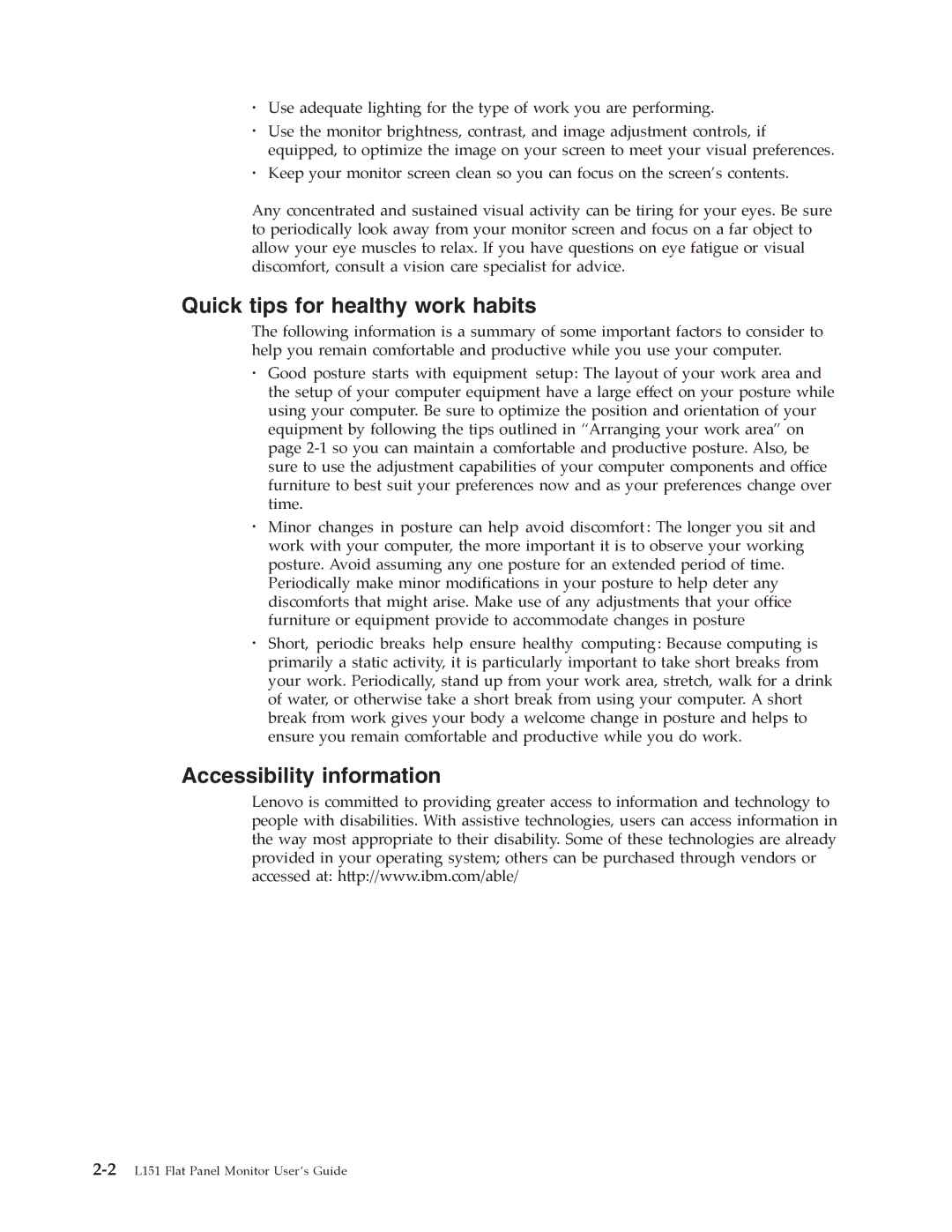 Lenovo L151 manual Quick tips for healthy work habits, Accessibility information 