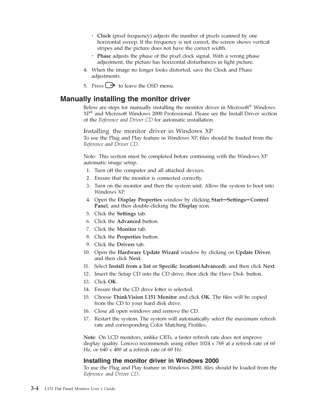 Lenovo L151 manual Manually installing the monitor driver, Installing the monitor driver in Windows 